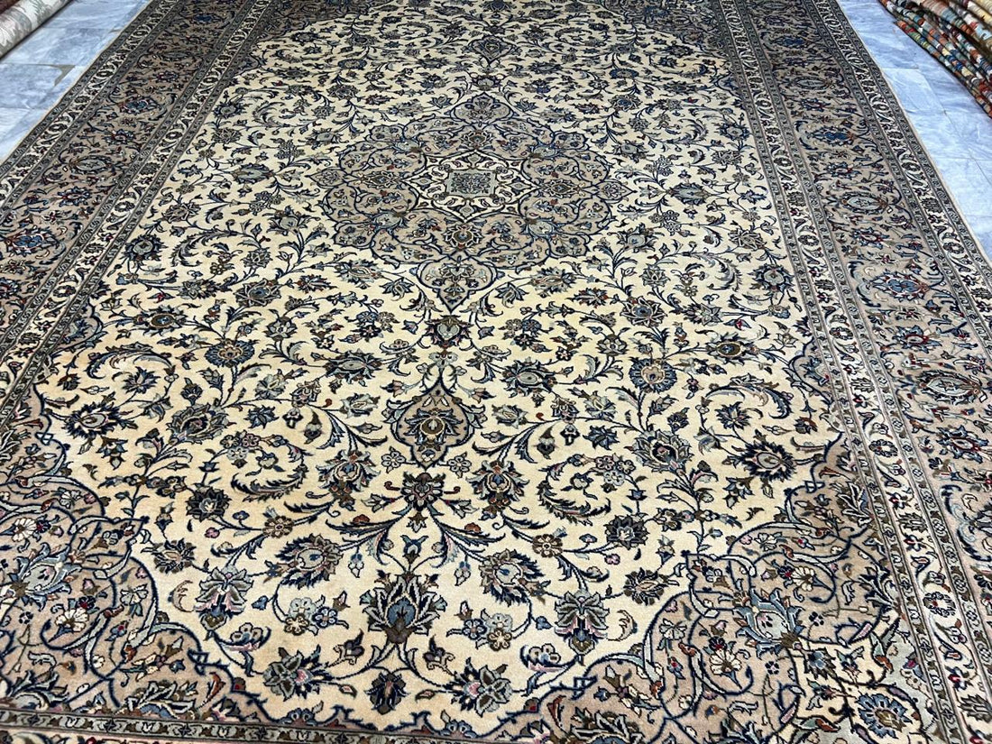 13' x 9' Ft. Authentic Vintage Persian Cream Kashan Fine Wool Area Rug - BR1236