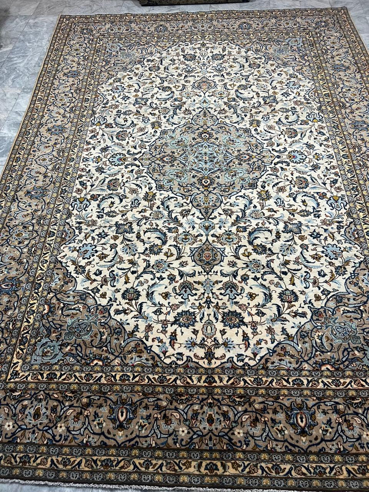 13' x 10' Ft. Authentic Vintage Persian Cream Kashan Fine Wool Area Rug - BR1230