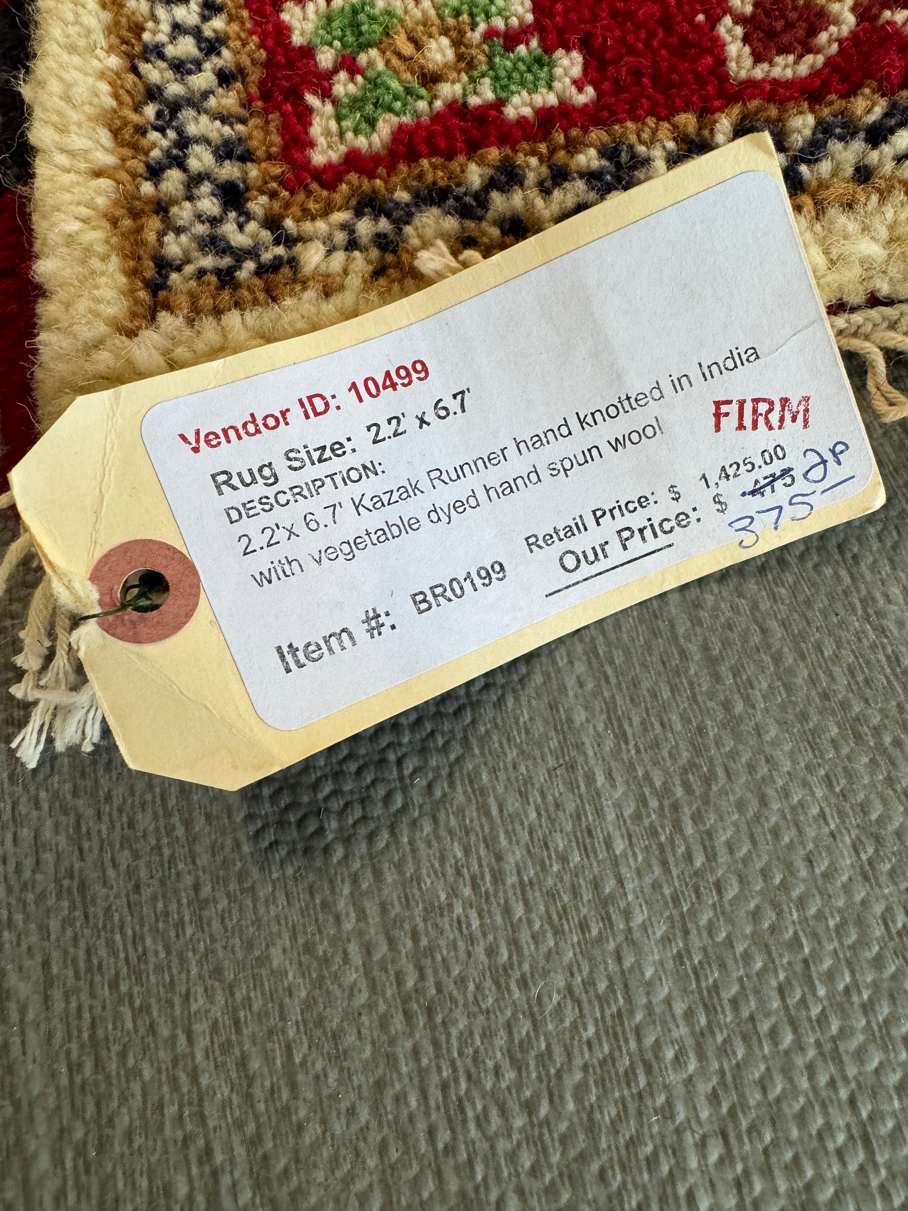 6.7' x 2.2' Ft. Kazak Runner Hand Knotted in India with Vegetable Dyed Hand Spun Wool BR199