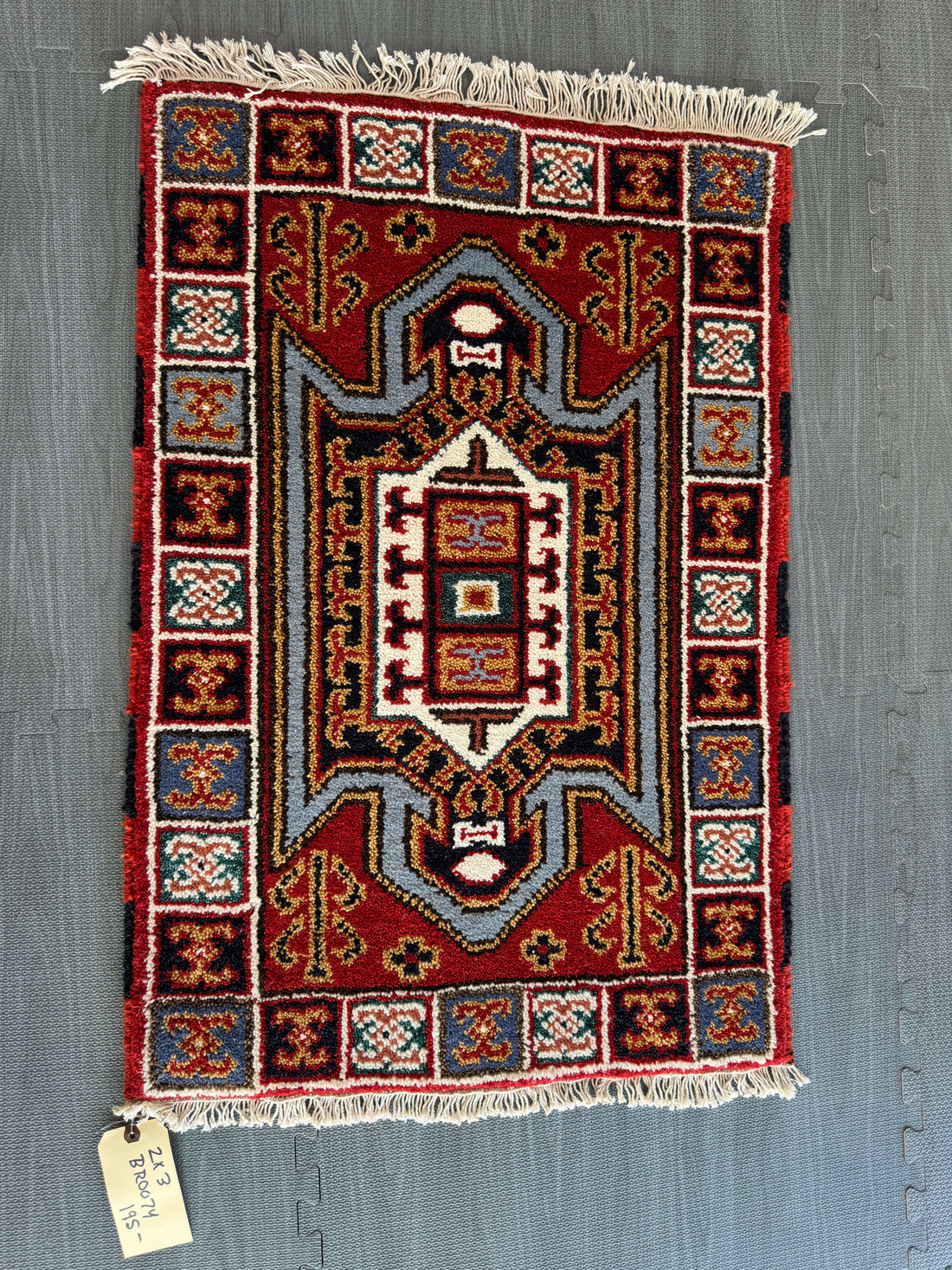 Small Red and Blue Wool Hand Knotted Traditional Vintage Antique Rug