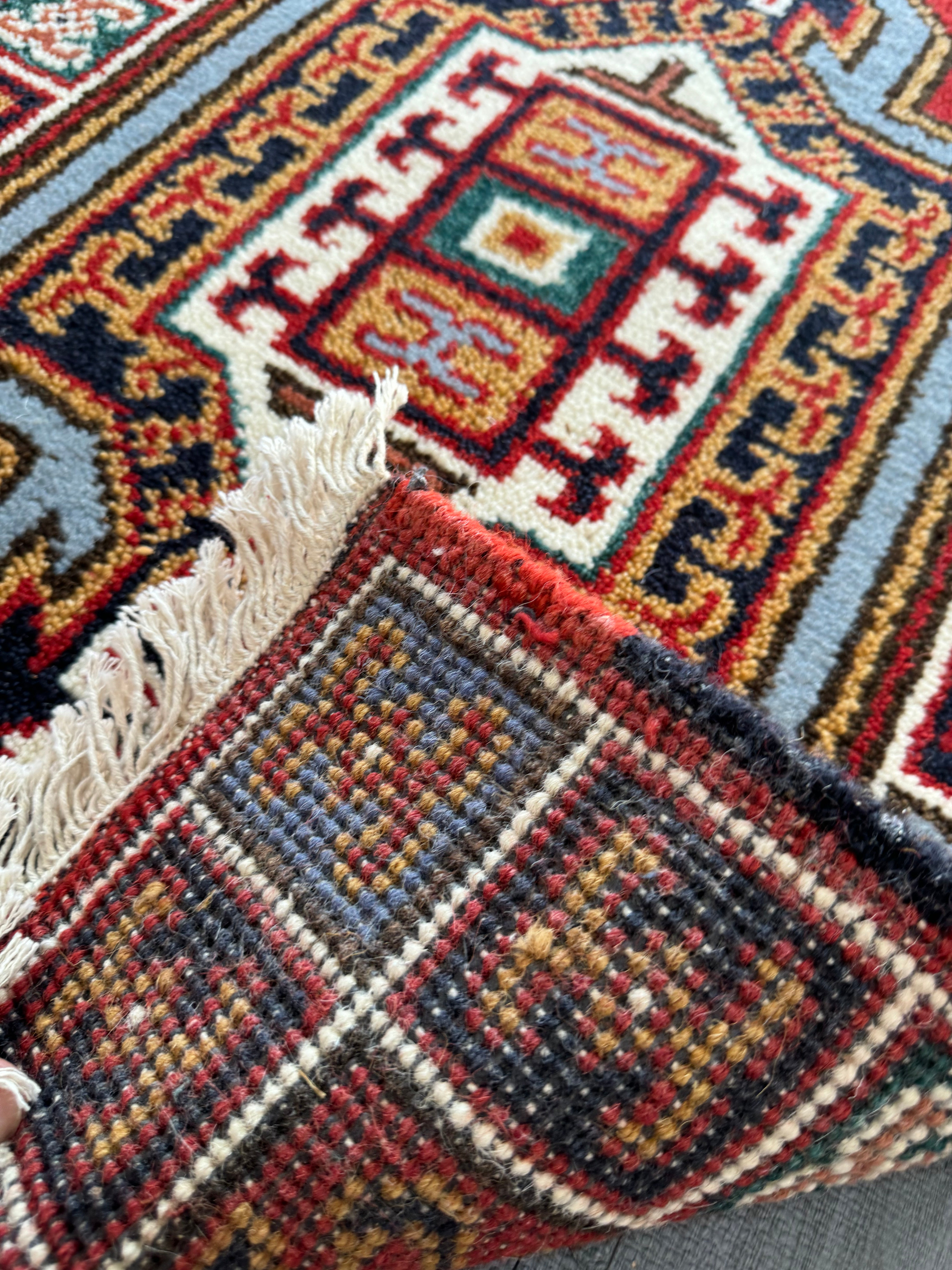 Small Red and Blue Wool Hand Knotted Traditional Vintage Antique Rug