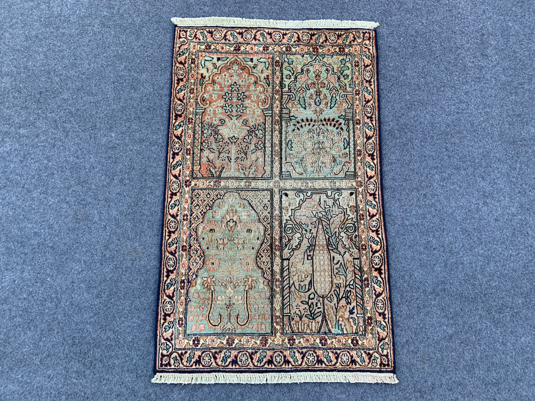 3.2' x 1.1' Ft. Authentic Pakistani Hand Knotted SILK Kashmir Small Area Rug BR1060