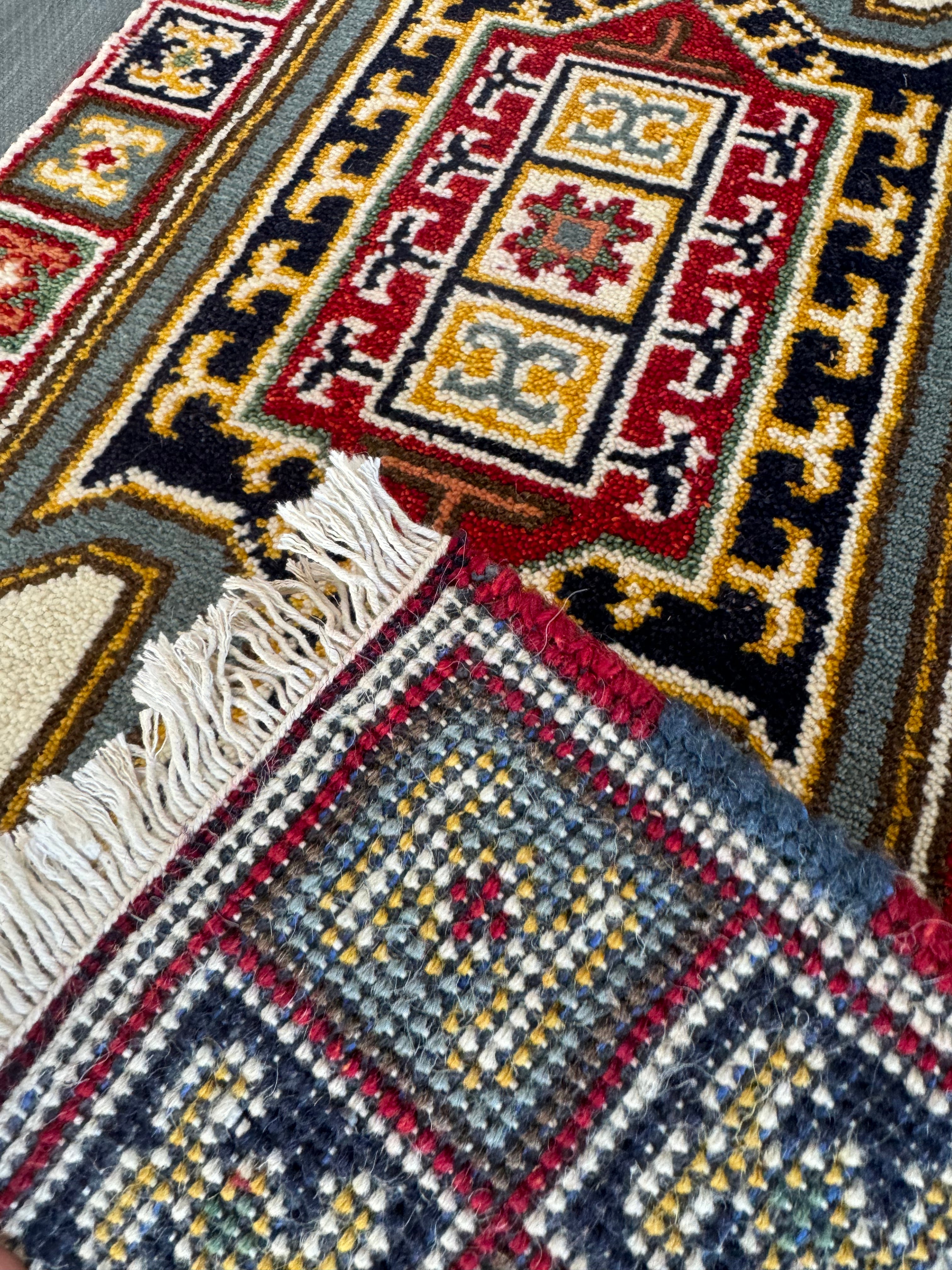 4’ x 2’ Indian Kazak Runner Hand Knotted Southwestern Design with Veg. Dyed Wool BR042