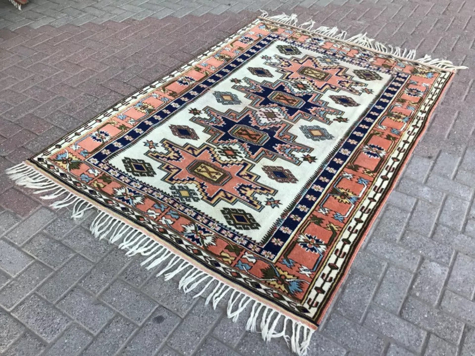 4' x 7' Authentic Vintage Turkish Kazak Tribal Hand Knotted Wool Area Rug / Carpet - BR315