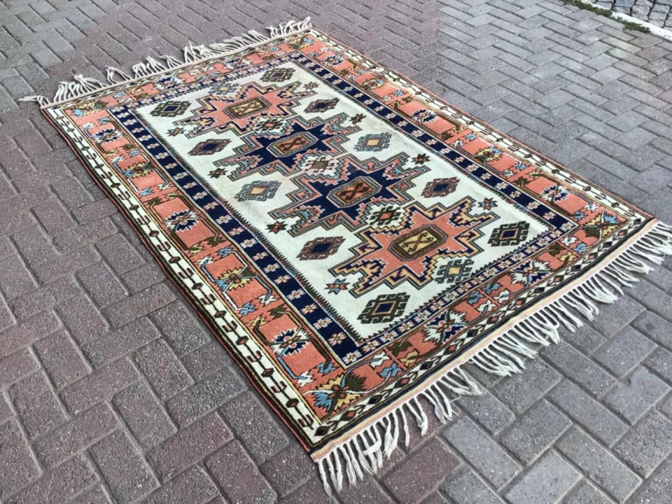 4' x 7' Authentic Vintage Turkish Kazak Tribal Hand Knotted Wool Area Rug / Carpet - BR315