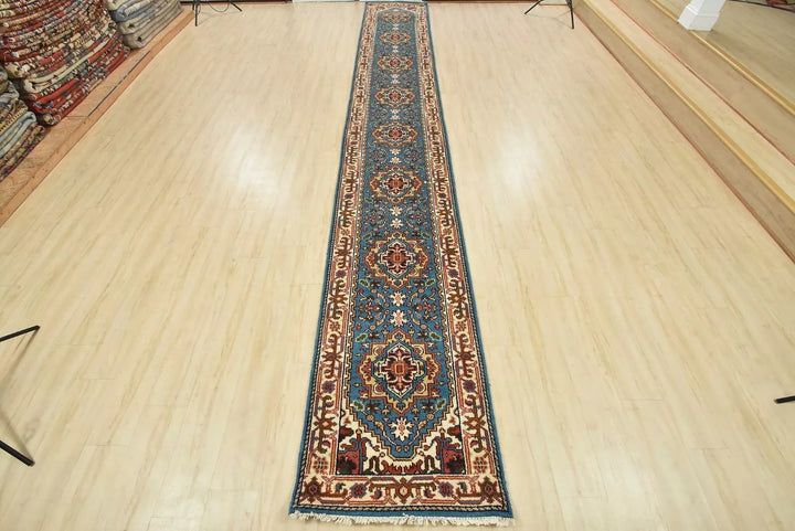 18' x 2.7' Traditional Indian Heriz Serapi Blue Wool Hand-Knotted Extra Long Runner Rug BR6349