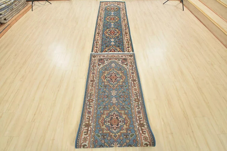 18' x 2.7' Traditional Indian Heriz Serapi Blue Wool Hand-Knotted Extra Long Runner Rug BR6349