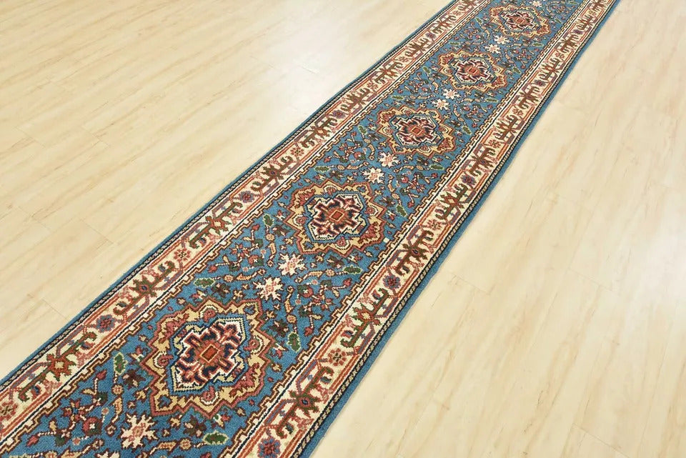 18' x 2.7' Traditional Indian Heriz Serapi Blue Wool Hand-Knotted Extra Long Runner Rug BR6349