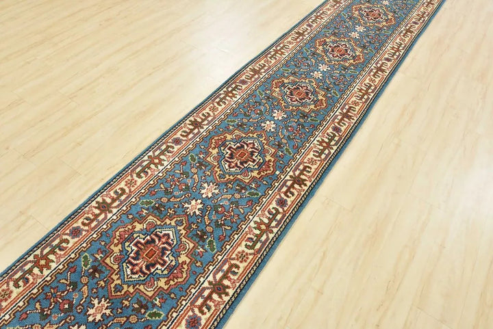 18' x 2.7' Traditional Indian Heriz Serapi Blue Wool Hand-Knotted Extra Long Runner Rug BR6349