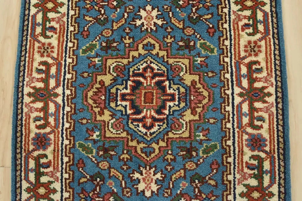 18' x 2.7' Traditional Indian Heriz Serapi Blue Wool Hand-Knotted Extra Long Runner Rug BR6349