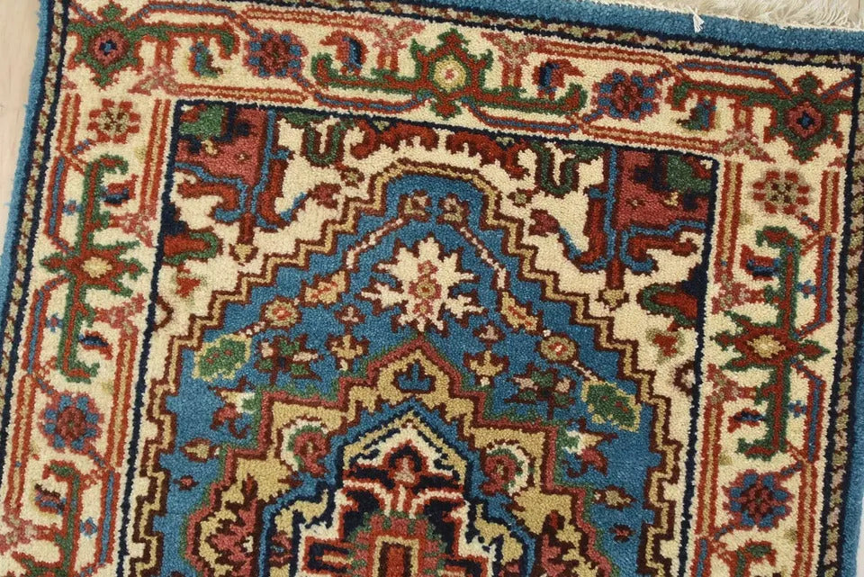 18' x 2.7' Traditional Indian Heriz Serapi Blue Wool Hand-Knotted Extra Long Runner Rug BR6349