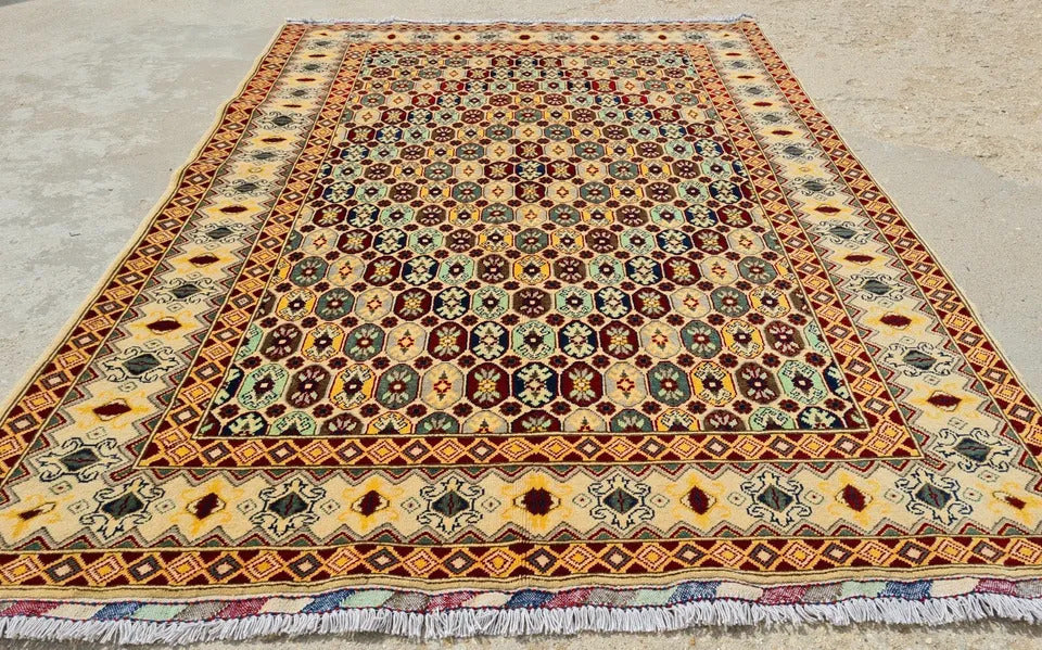 6.6' x 4.1' Ft Spectacular Hand Knotted Afghan Veg. Dyed Fine Maranous Wool Area Rug - BR920