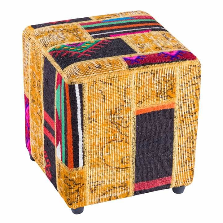 Colorful Patchwork Pouf/Stool/Ottoman from India w/ Hand Knotted Veg Dye Wool