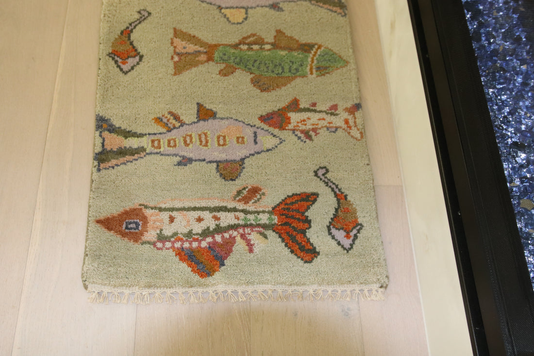 2’ x 3' Ft. Contemporary Fish / Sea Design Turkish Oushak Bohemian Hand Knotted Wool Area Rug - BR2612
