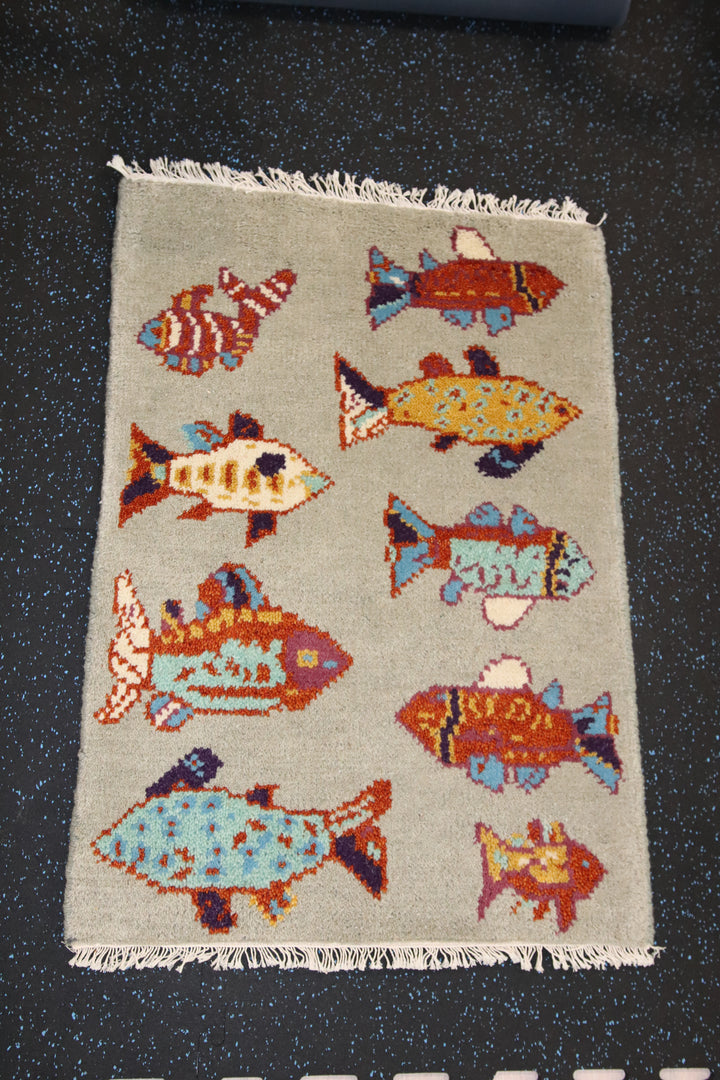 2’ x 3' Ft. Fun Colorful Fish / Sea Design Turkish Oushak Bohemian Hand Knotted Wool Area Rug - BR2615