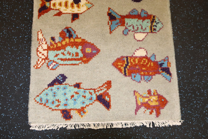 2’ x 3' Ft. Fun Colorful Fish / Sea Design Turkish Oushak Bohemian Hand Knotted Wool Area Rug - BR2615