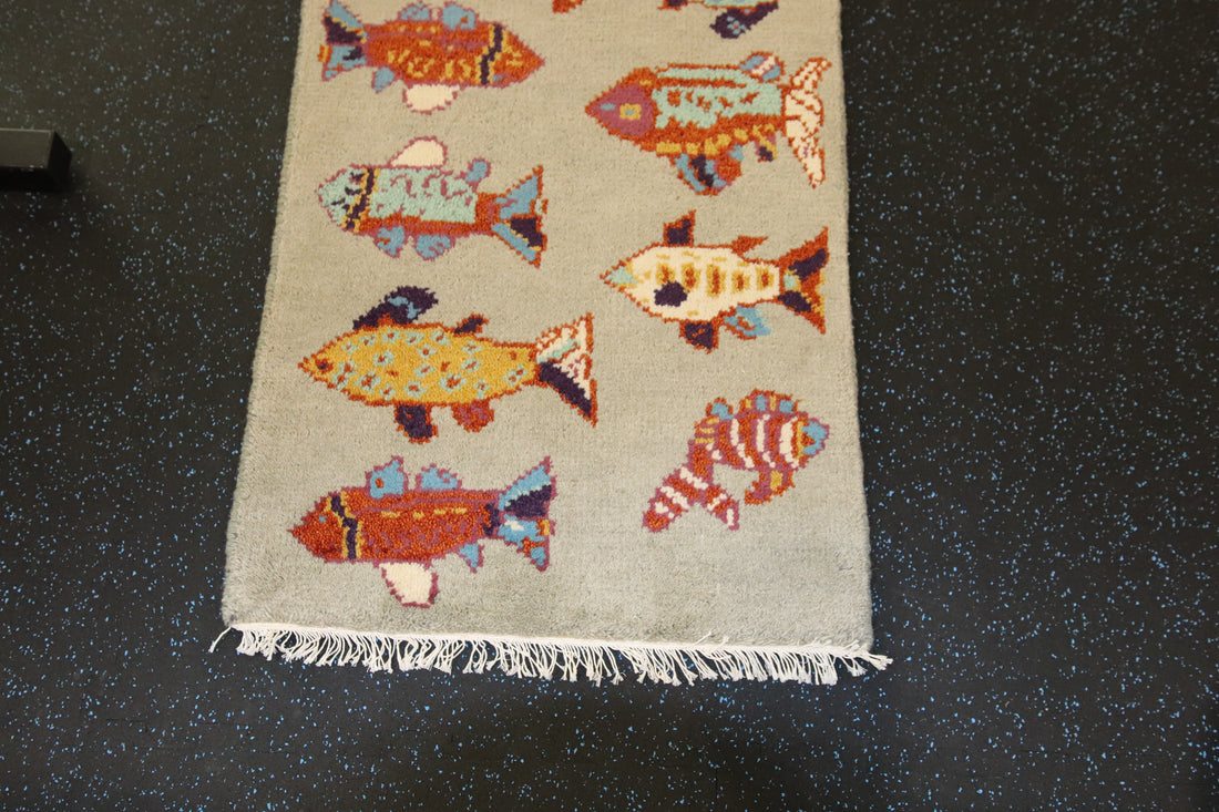 2’ x 3' Ft. Fun Colorful Fish / Sea Design Turkish Oushak Bohemian Hand Knotted Wool Area Rug - BR2615