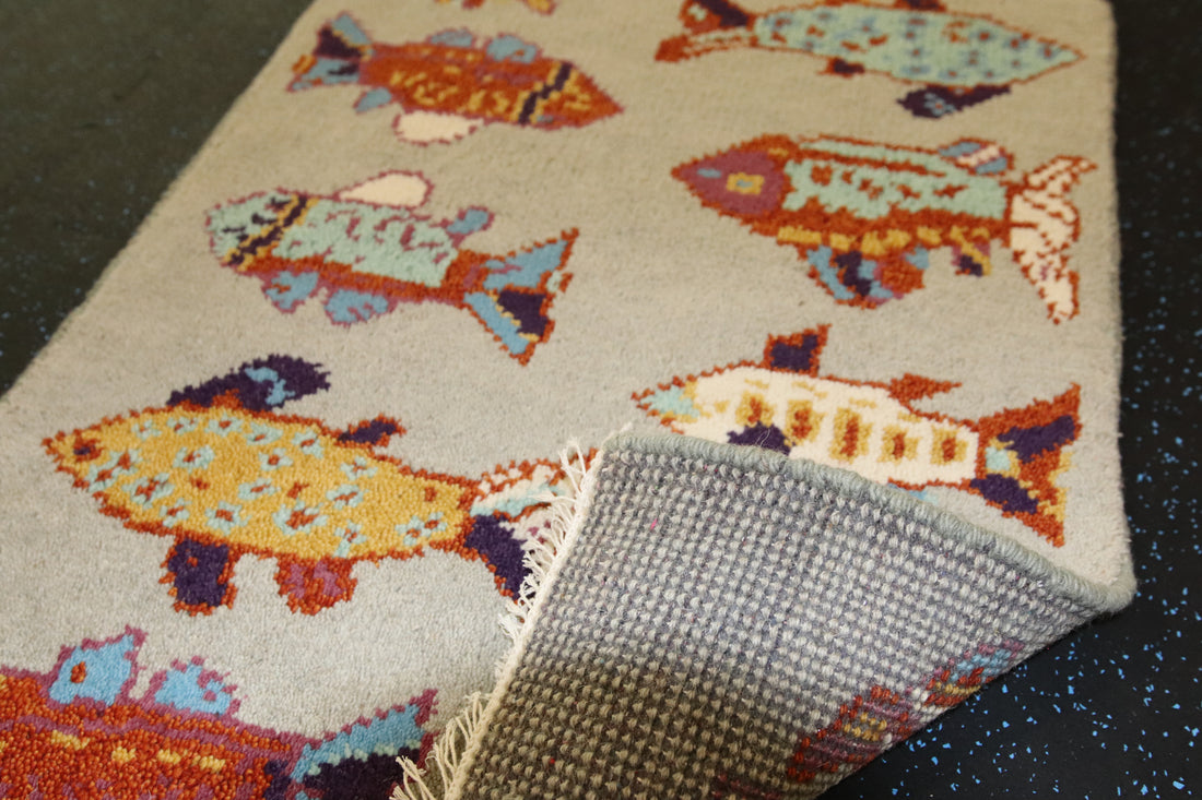 2’ x 3' Ft. Fun Colorful Fish / Sea Design Turkish Oushak Bohemian Hand Knotted Wool Area Rug - BR2615