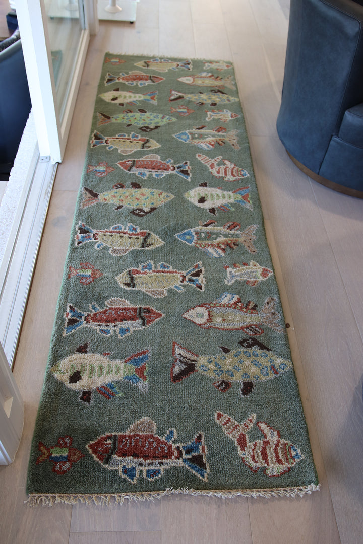 2 1/2’ x 8' Ft. Fun Colorful Fish / Sea Design Turkish Oushak Bohemian Hand Knotted Wool Runner / Rug - BR2632