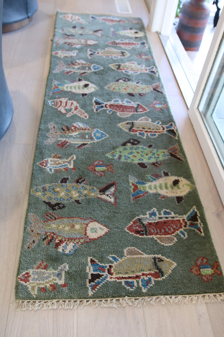 2 1/2’ x 8' Ft. Fun Colorful Fish / Sea Design Turkish Oushak Bohemian Hand Knotted Wool Runner / Rug - BR2632