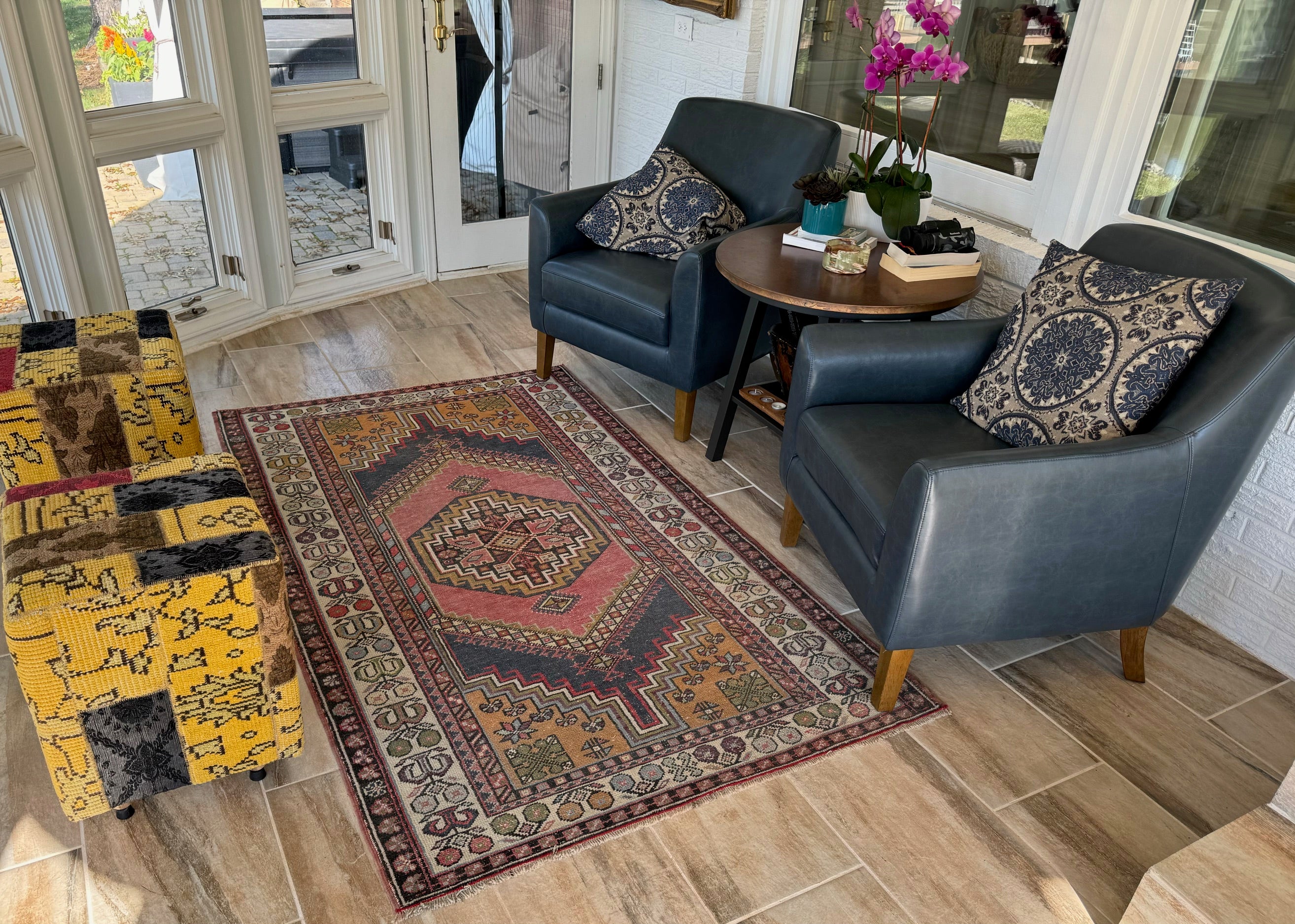 Colorful Patchwork Pouf/Stool/Ottoman from India w/ Hand Knotted Veg Dye Wool