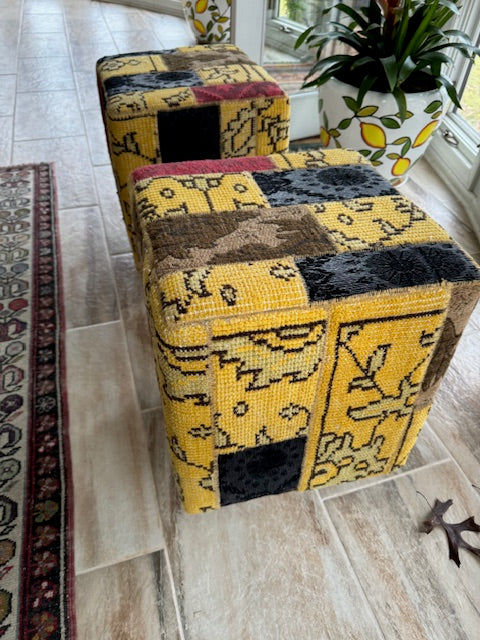 Colorful Patchwork Pouf/Stool/Ottoman from India w/ Hand Knotted Veg Dye Wool