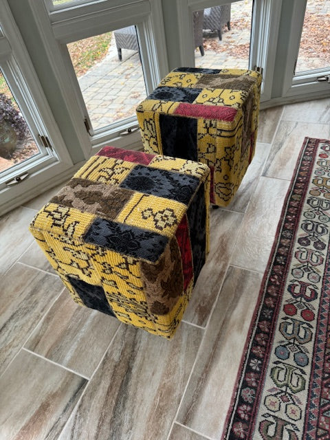 Colorful Patchwork Pouf/Stool/Ottoman from India w/ Hand Knotted Veg Dye Wool