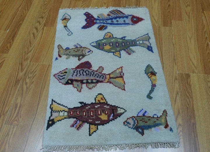 2’ x 3' Ft. Contemporary Fish / Sea Design Turkish Oushak Bohemian Hand Knotted Wool Area Rug - BR2608