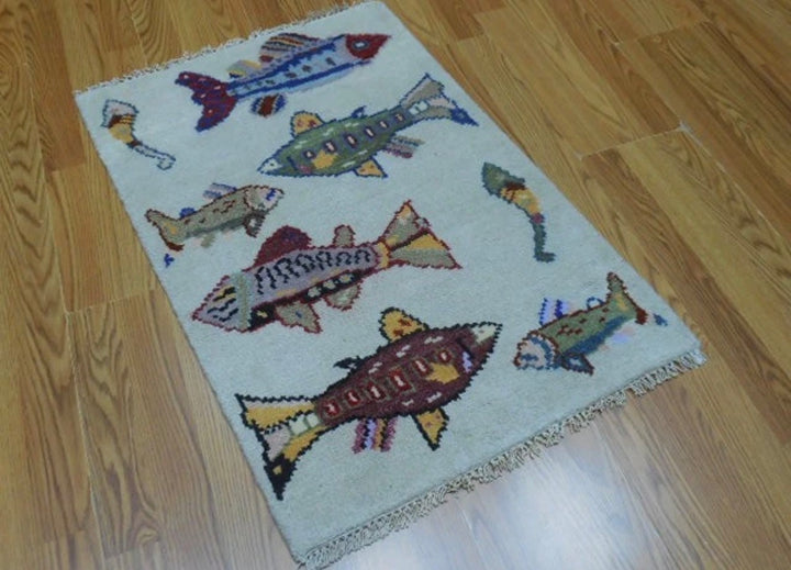 2’ x 3' Ft. Contemporary Fish / Sea Design Turkish Oushak Bohemian Hand Knotted Wool Area Rug - BR2608