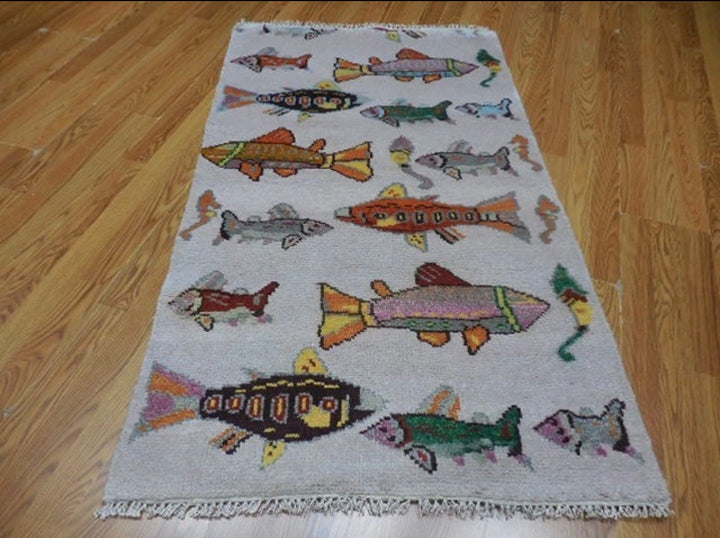 3’ x 5' Ft. Contemporary Fish / Sea Design Turkish Oushak Bohemian Hand Knotted Wool Area Rug - BR2604