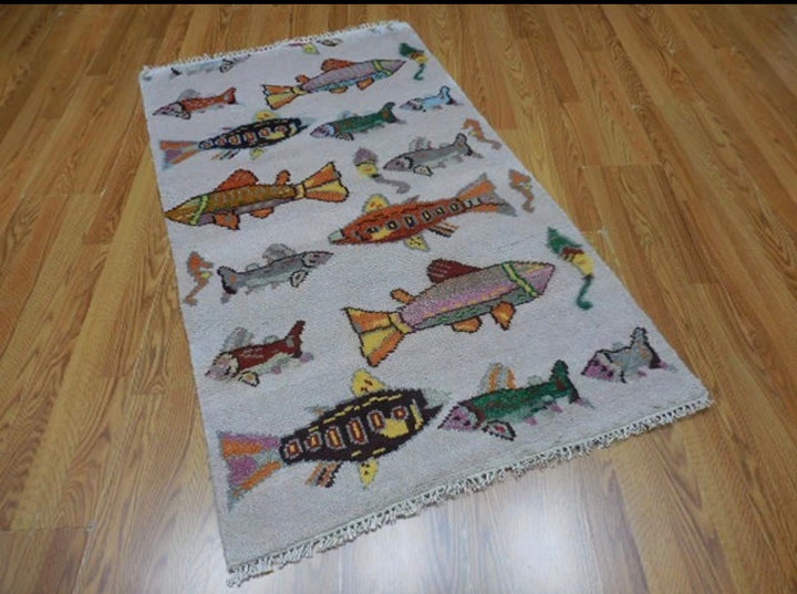 3’ x 5' Ft. Contemporary Fish / Sea Design Turkish Oushak Bohemian Hand Knotted Wool Area Rug - BR2604