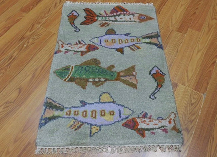 2’ x 3' Ft. Contemporary Fish / Sea Design Turkish Oushak Bohemian Hand Knotted Wool Area Rug - BR2612