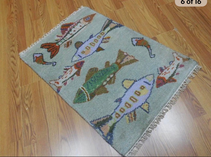 2’ x 3' Ft. Contemporary Fish / Sea Design Turkish Oushak Bohemian Hand Knotted Wool Area Rug - BR2612