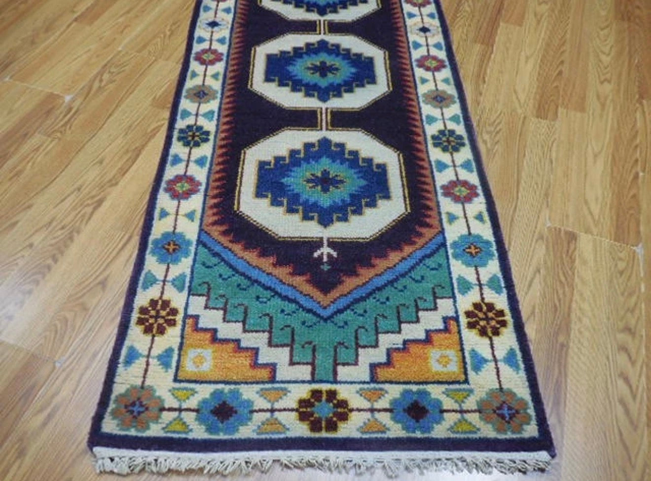 2.7' x 8’ Ft. Turkish Geometric l Bohemian Oushak Hand Knotted Wool Runner / Rug - BR2620
