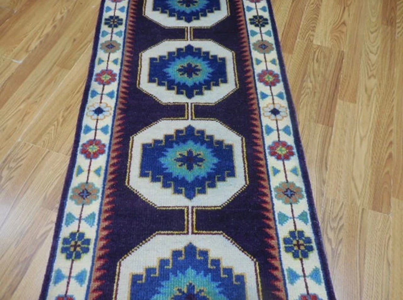 2.7' x 8’ Ft. Turkish Geometric l Bohemian Oushak Hand Knotted Wool Runner / Rug - BR2620