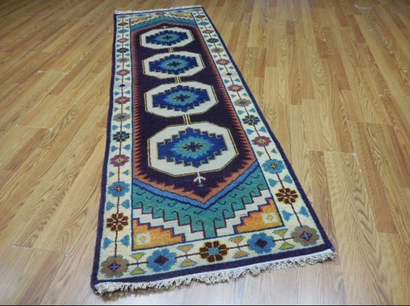 2.7' x 8’ Ft. Turkish Geometric l Bohemian Oushak Hand Knotted Wool Runner / Rug - BR2620