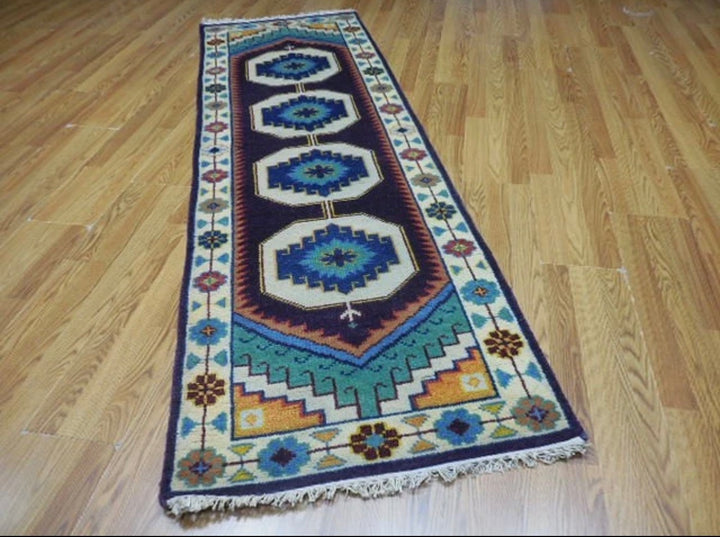 2.7' x 8’ Ft. Turkish Geometric l Bohemian Oushak Hand Knotted Wool Runner / Rug - BR2620