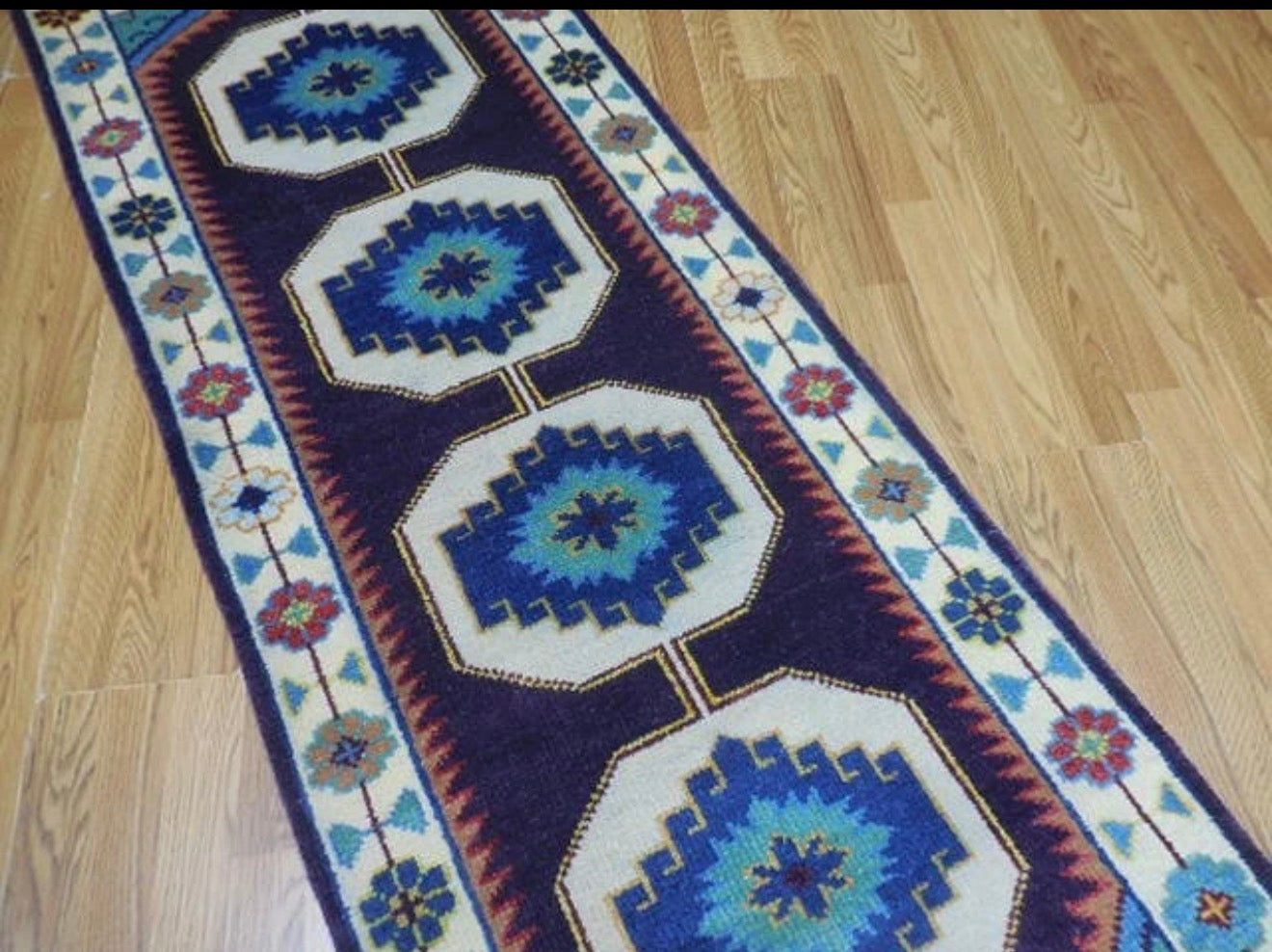 2.7' x 8’ Ft. Turkish Geometric l Bohemian Oushak Hand Knotted Wool Runner / Rug - BR2620