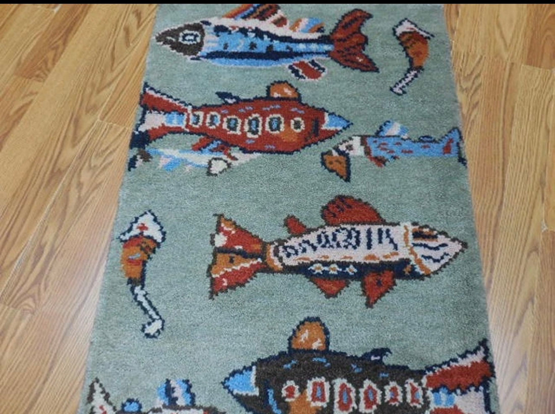 2’ x 3' Ft. Fun Colorful Fish / Sea Design Turkish Oushak Bohemian Hand Knotted Wool Area Rug - BR2623
