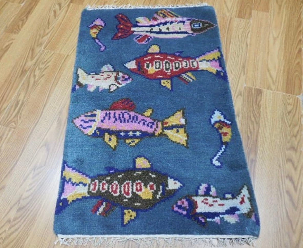 2’ x 3' Ft. Fun Colorful Fish / Sea Design Turkish Oushak Bohemian Hand Knotted Wool Area Rug - BR2625
