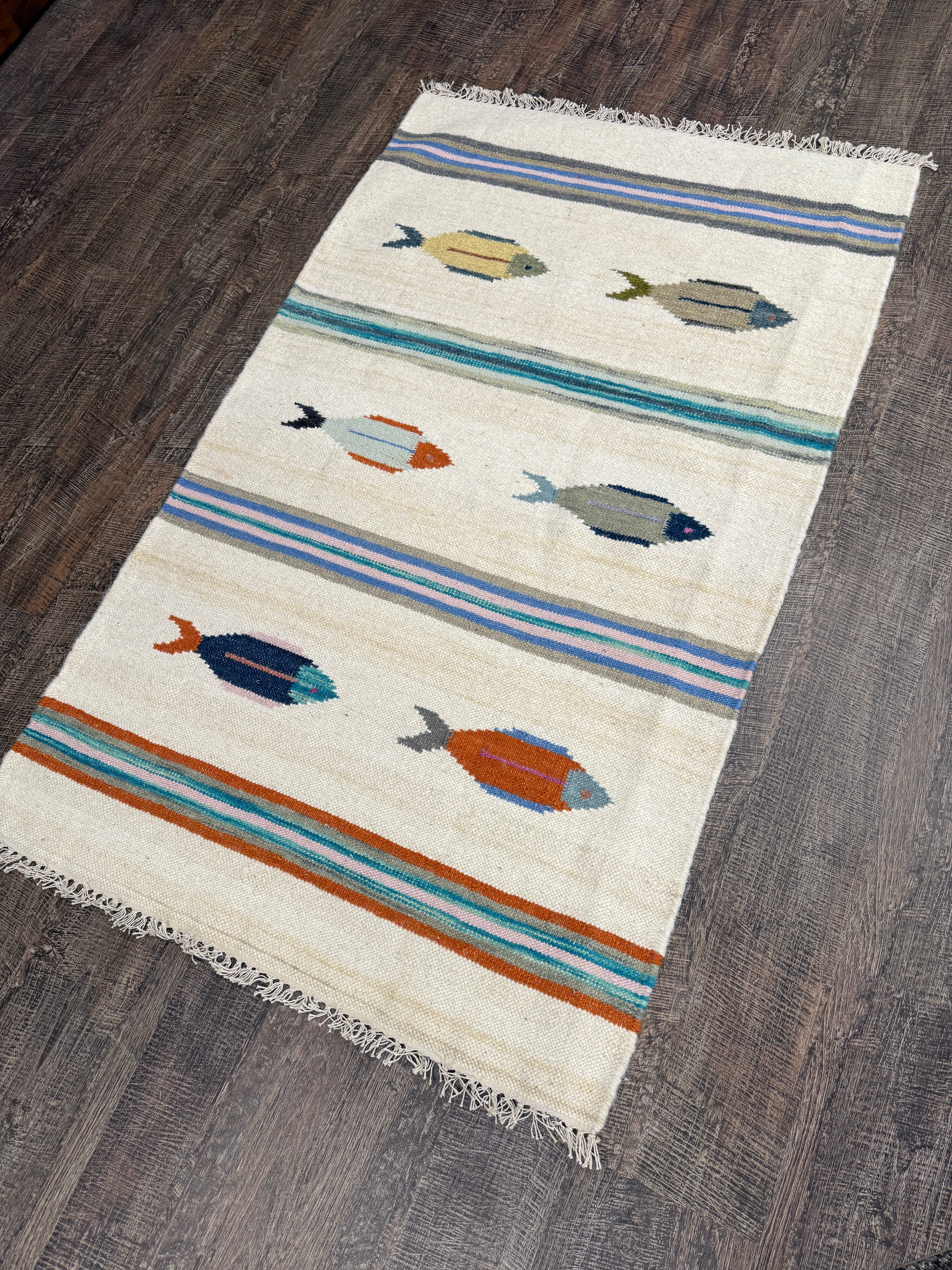 3' x 5' Ft. Fun Colorful Fish Design Turkish Oushak Kilim Hand Knotted Wool Area Rug – BR3042