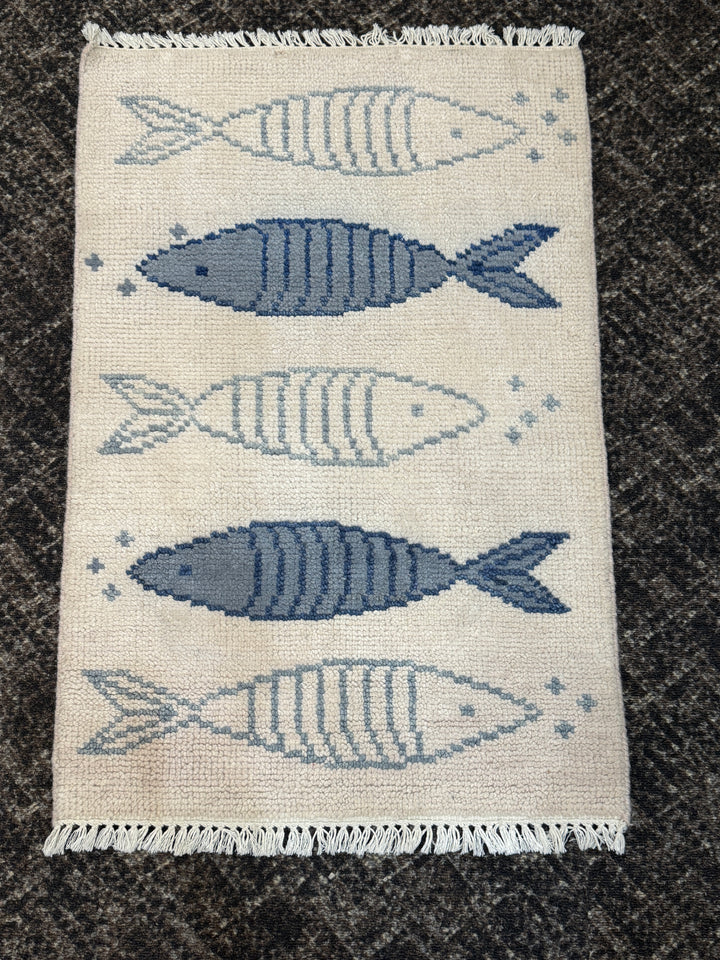 2' x 3' Ft. Fun Fish/Sea Design Turkish Oushak Bohemian Hand Knotted Wool Area Rug - BR3033
