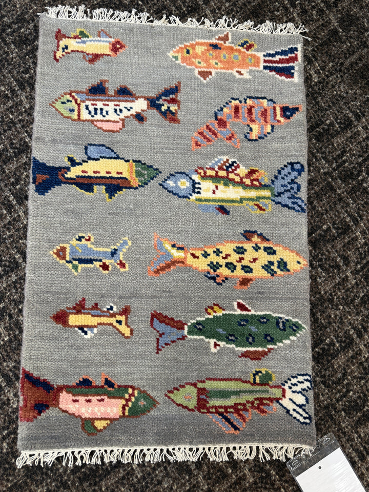 2' x 3' Ft. Fun Fish/Sea Design Turkish Oushak Bohemian Hand Knotted Wool Area Rug - BR2675