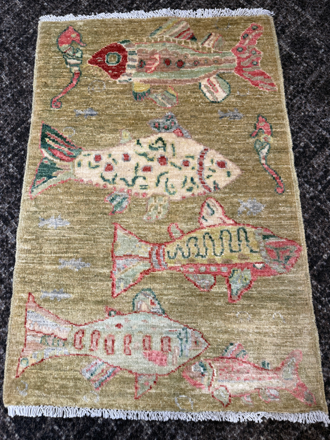 2' x 3' Ft. Fun Fish/Sea Design Afghan Peshawar Hand Knotted Wool Rug - BR2678