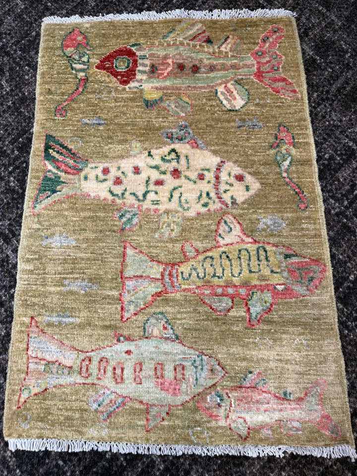2' x 3' Ft. Fun Fish/Sea Design Afghan Peshawar Hand Knotted Wool Rug - BR2678
