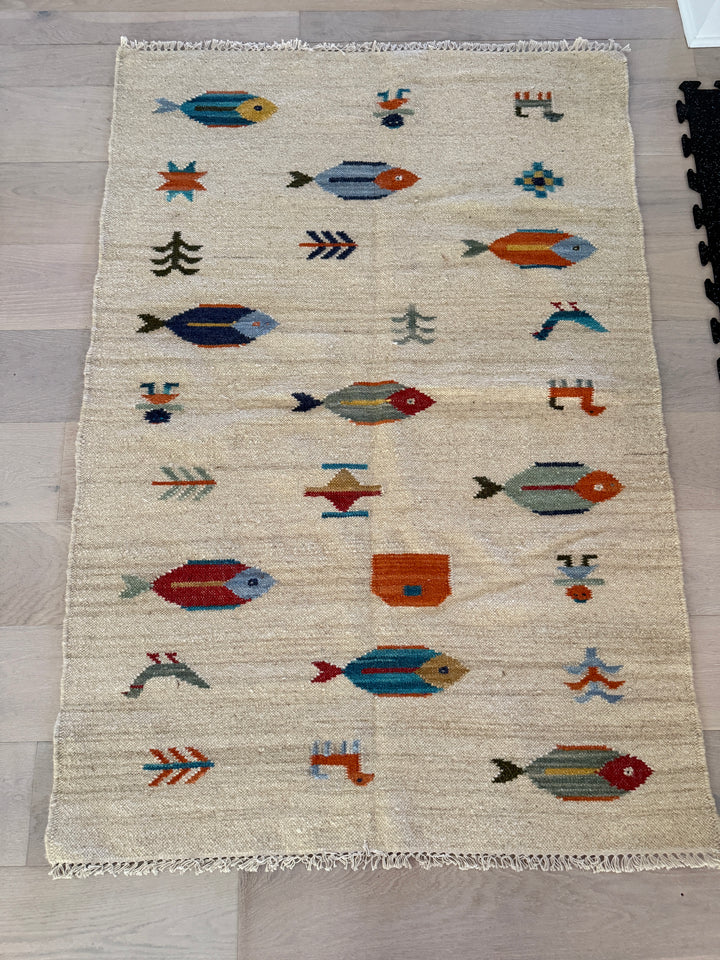 4' x 6' Ft. Fun Colorful Fish & Farm Design Turkish Oushak Kilim Hand Knotted Wool Area Rug – BR3126