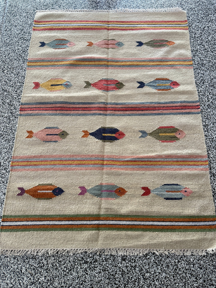 4' x 6' Ft. Fun Colorful Contemporary Fish Design Turkish Oushak Kilim Hand Knotted Wool Area Rug – BR3147