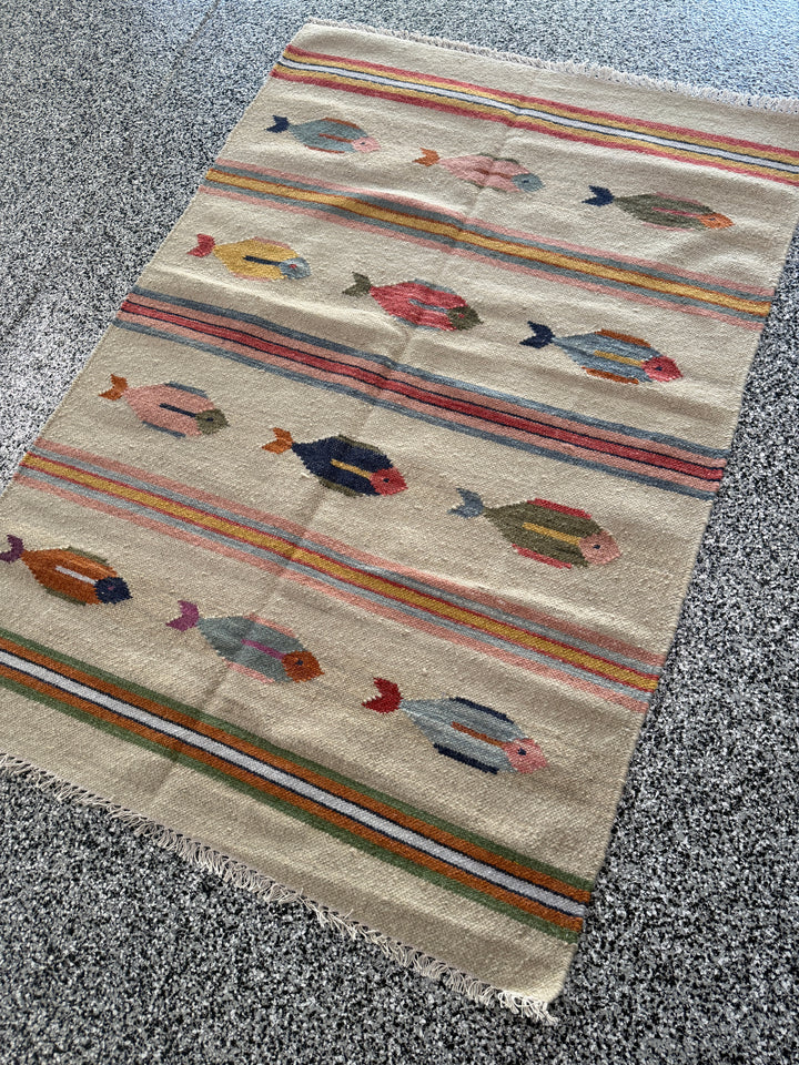 4' x 6' Ft. Fun Colorful Contemporary Fish Design Turkish Oushak Kilim Hand Knotted Wool Area Rug – BR3147