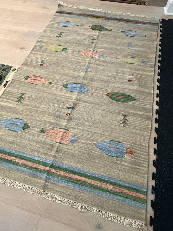 5' x 8' Ft. Fun Colorful Contemporary Fish / Farm Design Turkish Oushak Kilim Hand Knotted Wool Area Rug – BR3148