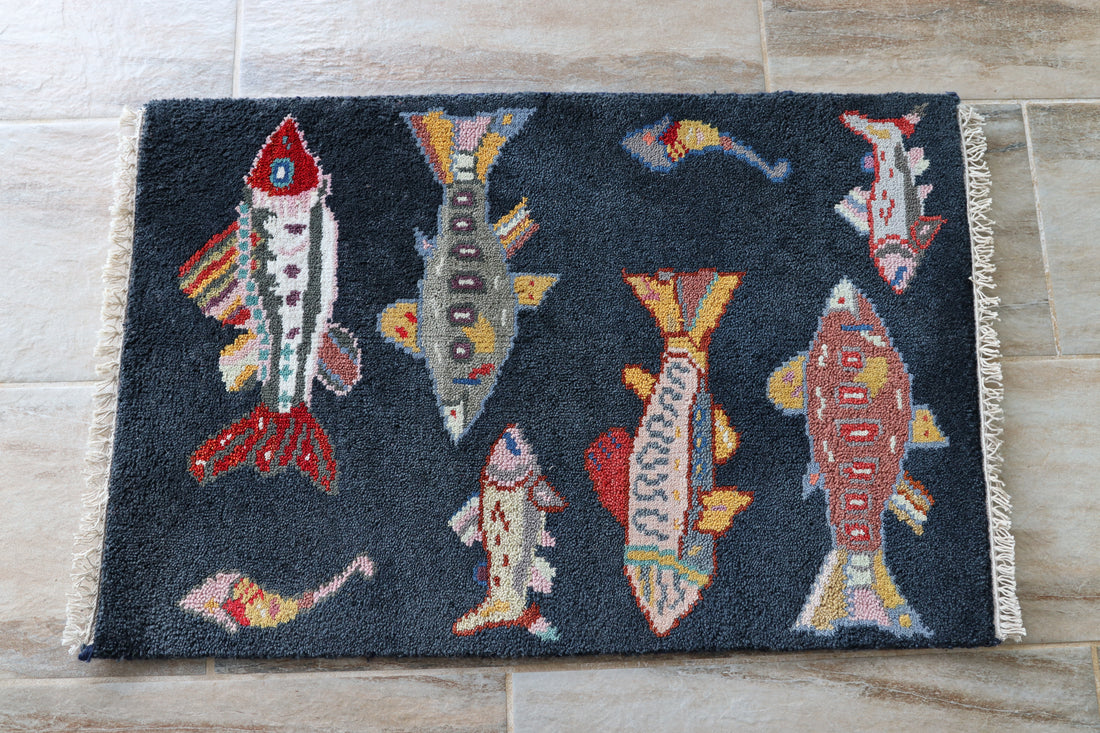 2' x 3' Ft. Fun Fish/Sea Design Turkish Oushak Bohemian Hand Knotted Wool Area Rug - BR2673